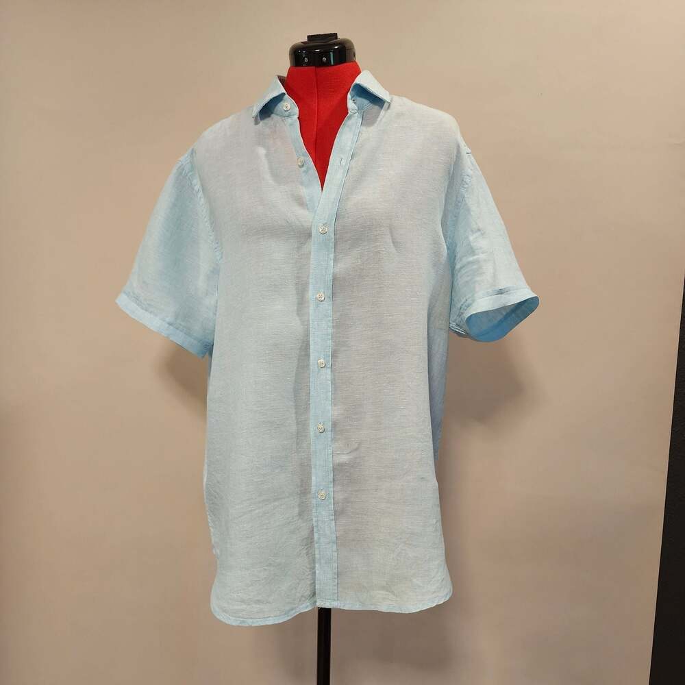 Porter & Ash Men's Light Blue Short Sleeve 100% Linen Button-Down Shirt